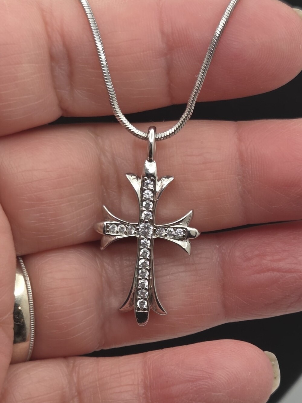 Sterling Silver Cross Pendant Necklace with Clear Stones - Silver